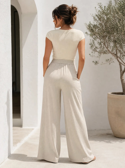 Pantalón Palazzo Olivella · Pierna Ancha Tacto Lino con Cordón y Bolsillos